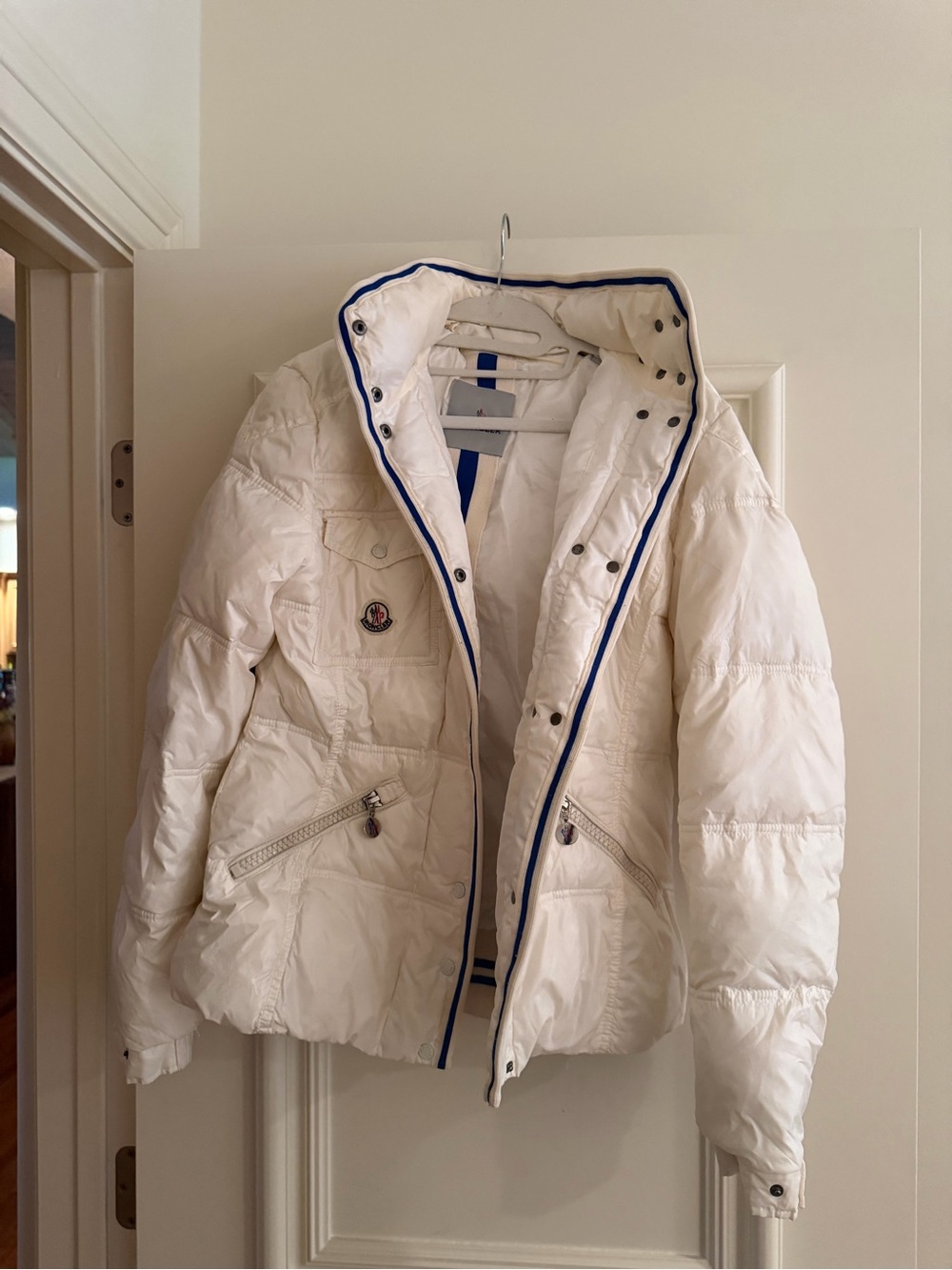 Moncler White Quilted Down Puffer Jacket with Blue Trim